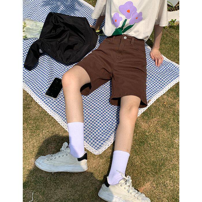 夏季新款高腰百搭彩色牛仔五分裤女直筒韩版休闲显瘦清新中裤春秋