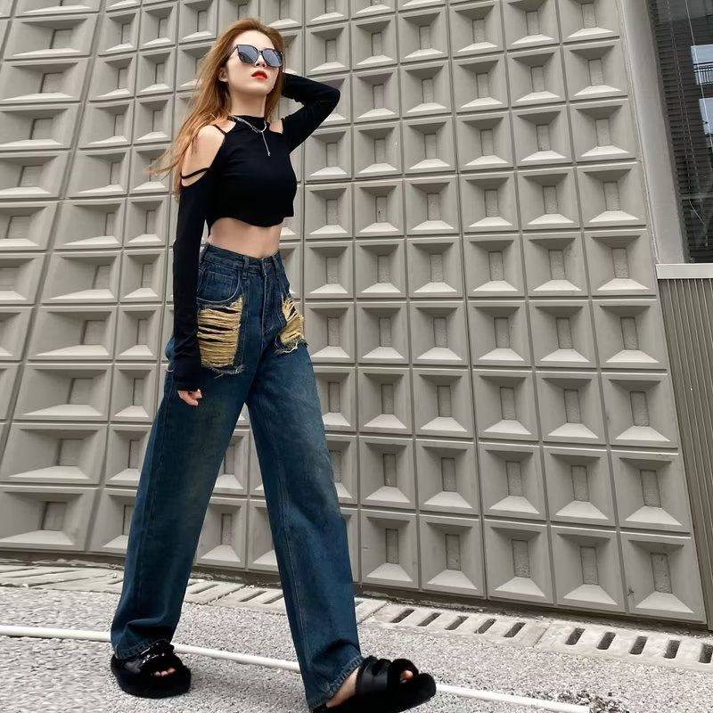 不规则破洞牛仔裤女2025春秋新款美式复古高腰显瘦设计感拖地长裤,女装/女士精品,牛仔裤,淘宝优惠券,粉丝福利购,淘宝优惠卷