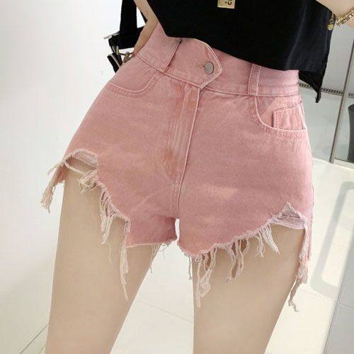 韩国高腰超短牛仔裤2025夏款新款复古粉色破洞毛边流苏宽松热裤子,女装/女士精品,牛仔裤,淘宝优惠券,粉丝福利购,淘宝优惠卷