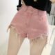 韩国高腰超短牛仔裤 子 复古粉色破洞毛边流苏宽松热裤 2025夏款 新款