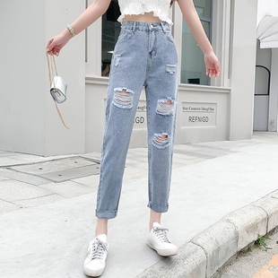女春新款 高腰破洞直筒九分裤 原宿风宽松老爹裤 薄款 子潮 夏季 牛仔裤