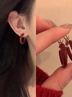 秋冬安可拉配饰红色耳圈2025新款耳扣轻奢小众耳环设计感高级耳饰