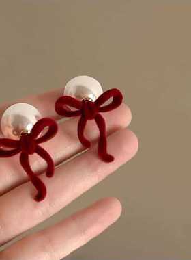 复古港风红色丝绒蝴蝶结耳钉女秋冬高级气质时尚通勤耳环小众耳饰