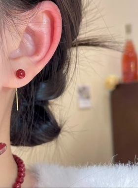 复古秋冬红色珠珠流苏耳线耳钉女小众轻奢高级感安可拉红珍珠耳环