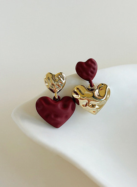 春节轻奢气质洋气耳饰女红色爱心耳坠耳环新款高级感撞色耳钉耳饰