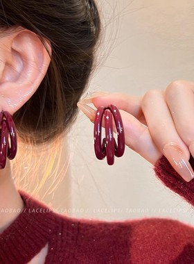 安可拉红色耳圈轻奢小众三生三世C形耳环百搭气质高级感耳钉耳饰