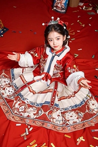 财神汉服女童冬季新款加厚套装拜年服女宝加绒中国古风新年服唐装
