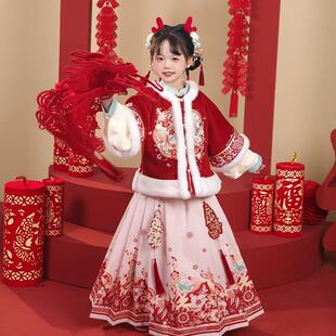 女童汉服中式国风拜年服喜庆冬季加厚儿童明制大唐公主裙新年红衣