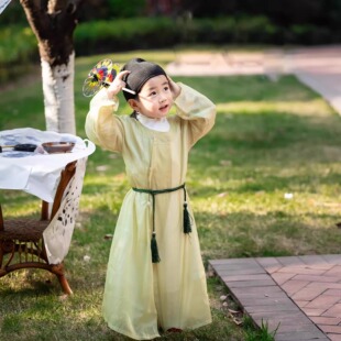 男童汉服中国风圆领袍儿童古风书童男孩帅气演出服装黄色唐代李白