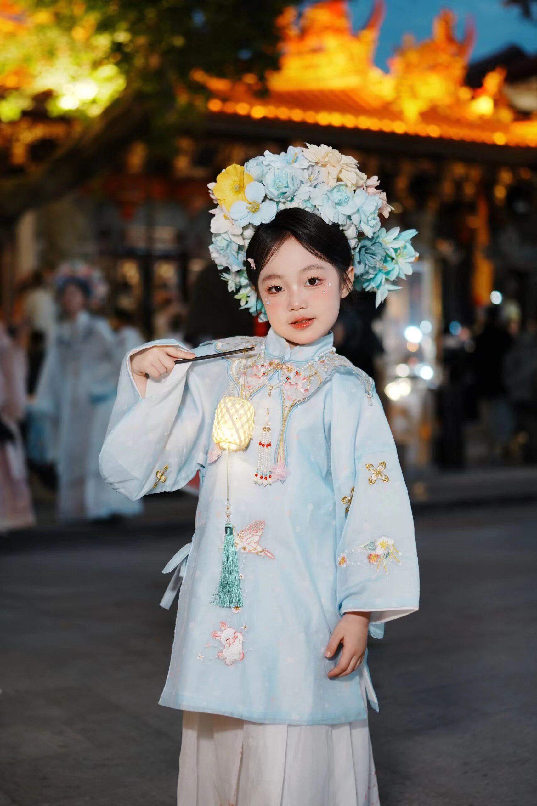 汉服女童中国风儿童古装超仙气小女孩蓝色云肩清汉女宋代泉州簪花