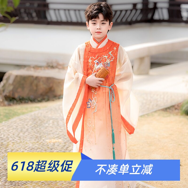 古装男宝宝帅气汉服交领长袍国风套装小少爷国学表演广袖渐变神鹿