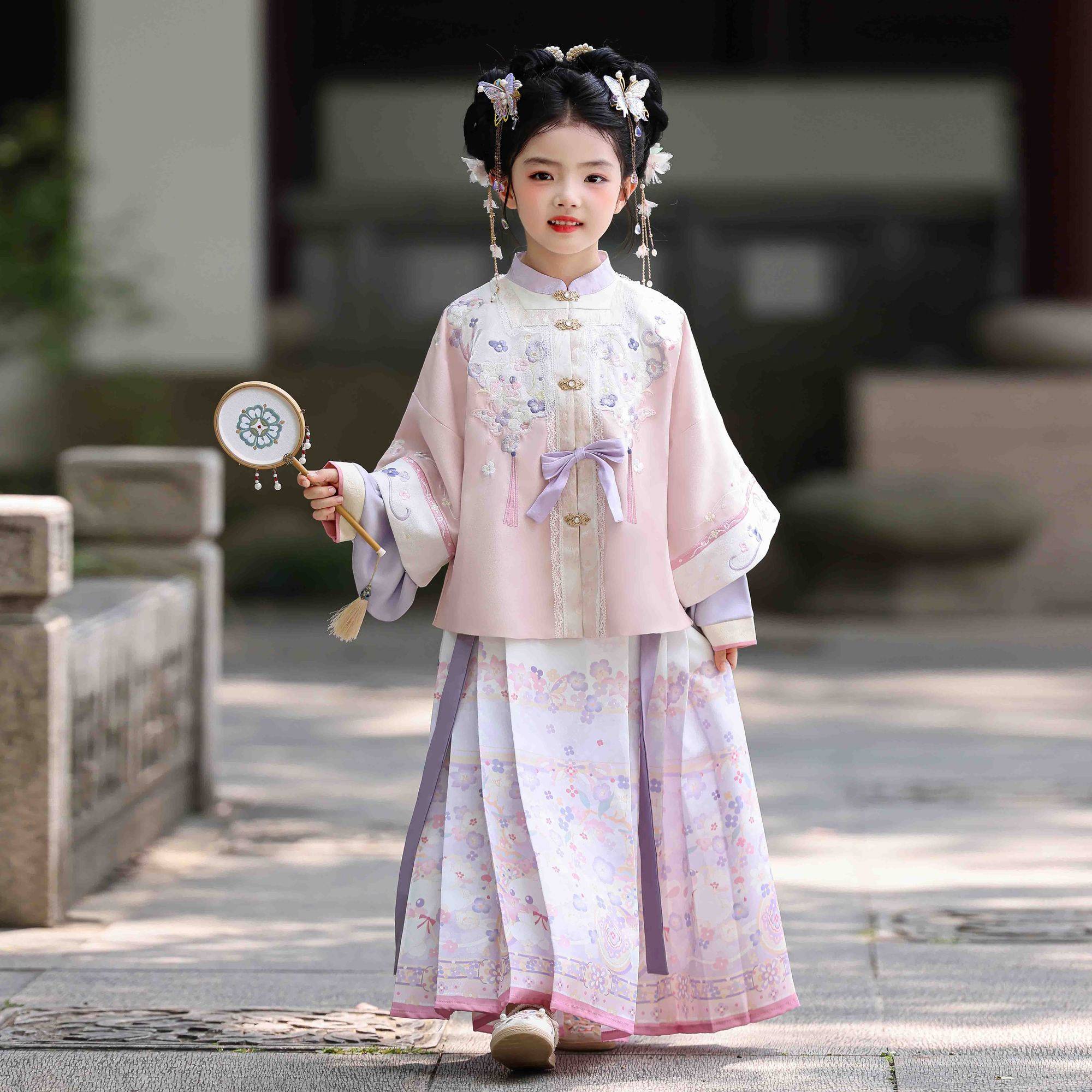 紫云女童汉服明制套装中式立领对襟双袖琵琶袖上衣松紧印花马面裙,童装/婴儿装/亲子装,汉服,淘宝优惠券,粉丝福利购,淘宝优惠卷