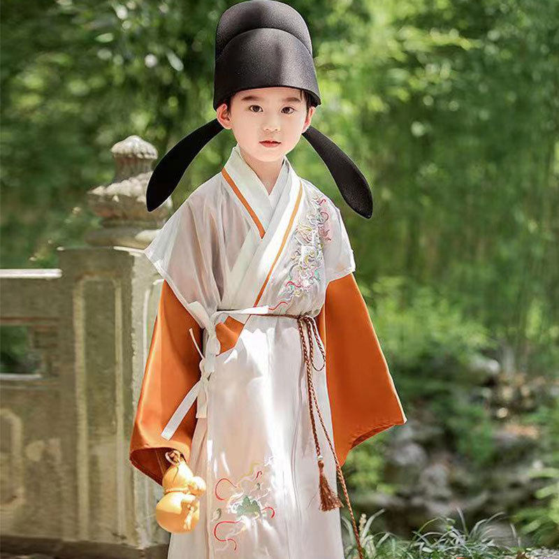 春夏薄款男童汉服中国风唐装明代两件套刺绣薄纱长袍小少爷表演服