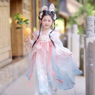 汉服女童粉兔吟刺绣襦裙儿童古风公主裙小女孩国风裙子灯会中秋节