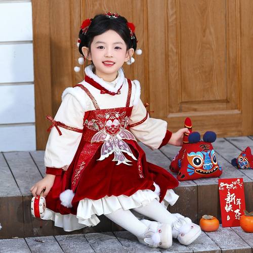 儿童拜年服女童冬装汉服小女孩过年服周岁女宝宝喜庆新年衣服唐装