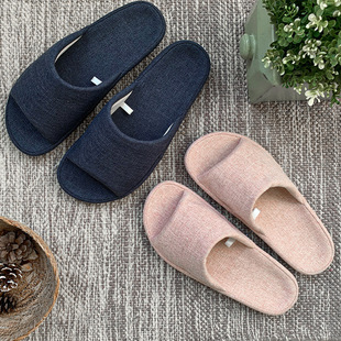 室内家居家木地板男女四季 家用春秋 情侣静音厚底棉麻布艺拖鞋 日式