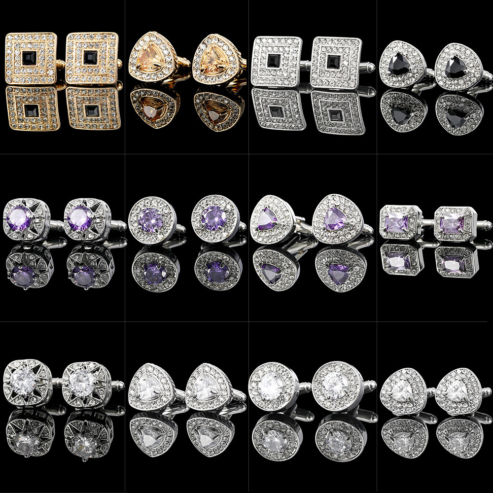 ins风镶钻水晶锆石袖扣银色法式西装男女士衬衫Cufflinks
