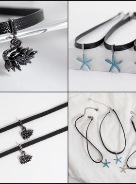 黑色皮革黑天鹅星星锁骨链女款
