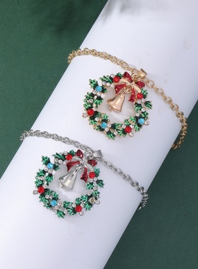 厂家直销圣诞节铃铛花环项链胸针耳环手链套装镶钻精美礼品组合