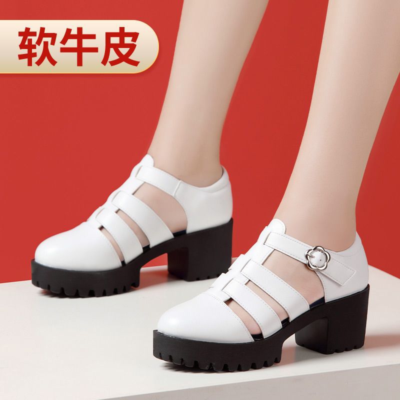 真皮中跟包头凉鞋女2025新款松糕