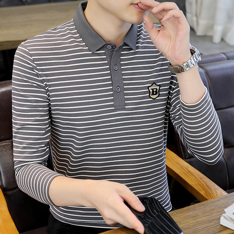 条纹长袖Polo衫男2025春秋季纯棉上衣服商务休闲带翻领t恤打底衫