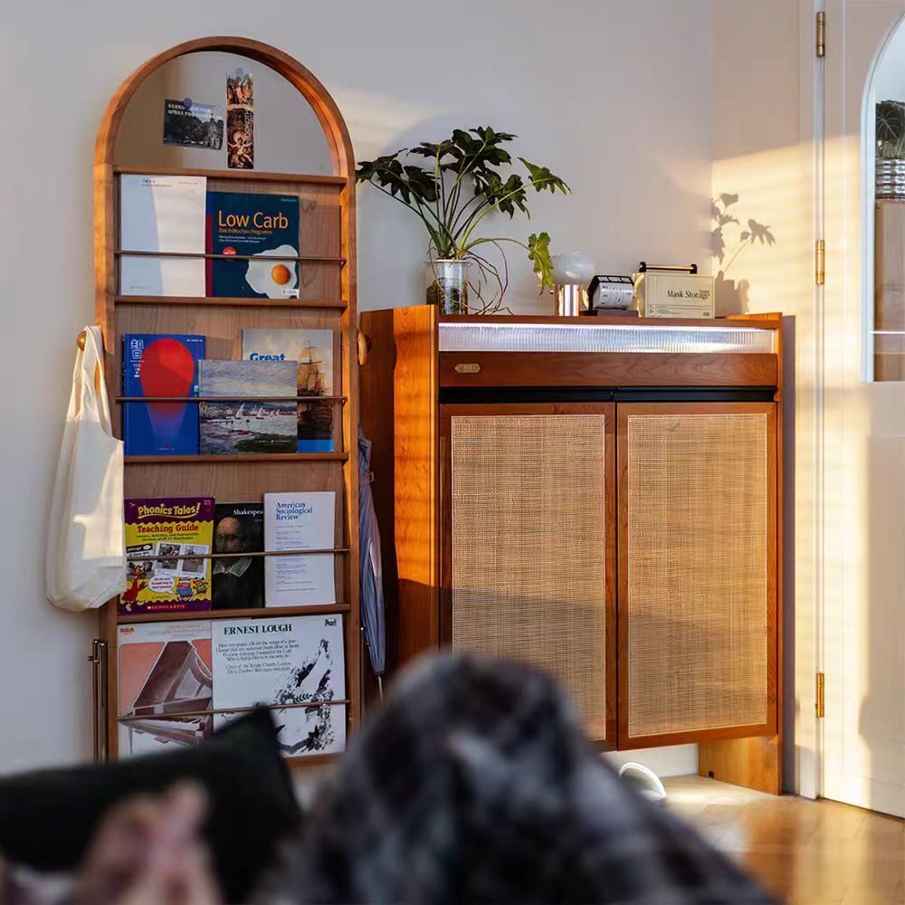 复古落地镜全身镜家用创意杂志书报置物架中古可移动实木试穿衣镜