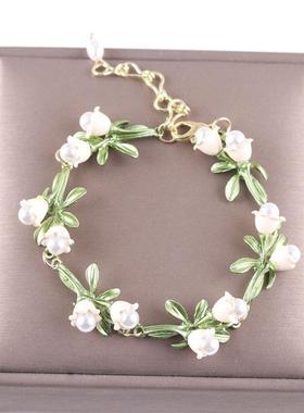 复古法式森系铃兰花君影草珍珠手链气质手环新款潮项链耳环首饰品