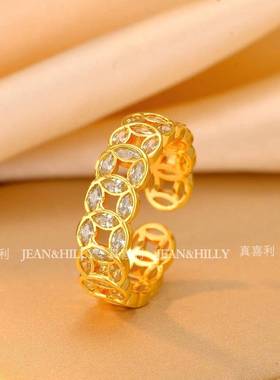 真喜利钱多多铜钱戒指重工时尚轻奢戒指ins小众不掉色开口可调节