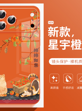 适用于苹果17promax手机壳柿柿如意air猫咪iphone17橙色16pro新款16plus高级感15pro玻璃14PM全包13保护套12