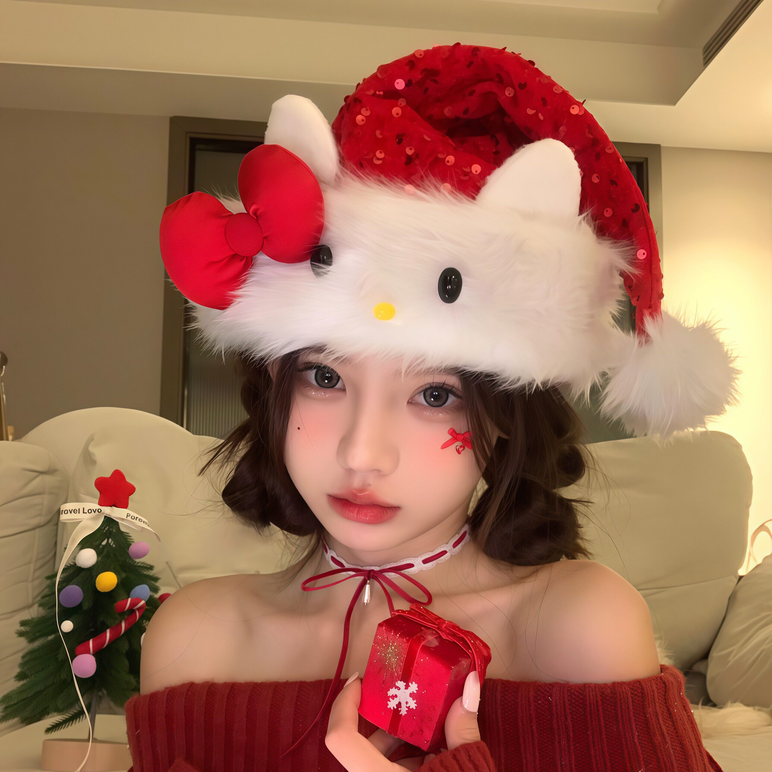 圣诞美神!圣诞帽可爱猫头蝴蝶结亮片帽子公主装饰拍照出片道具帽