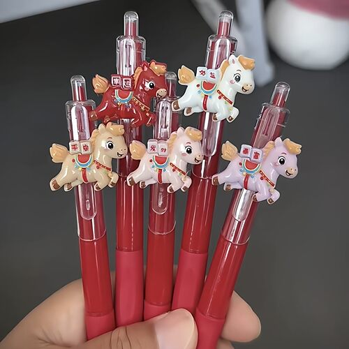 新年可爱小马按动学生红色中性笔