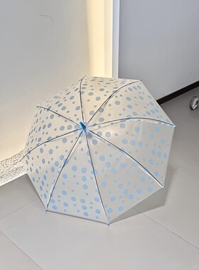 蓝色波点雨伞学生上学专用直杆伞创意小清新圆点透明磨砂长柄伞女