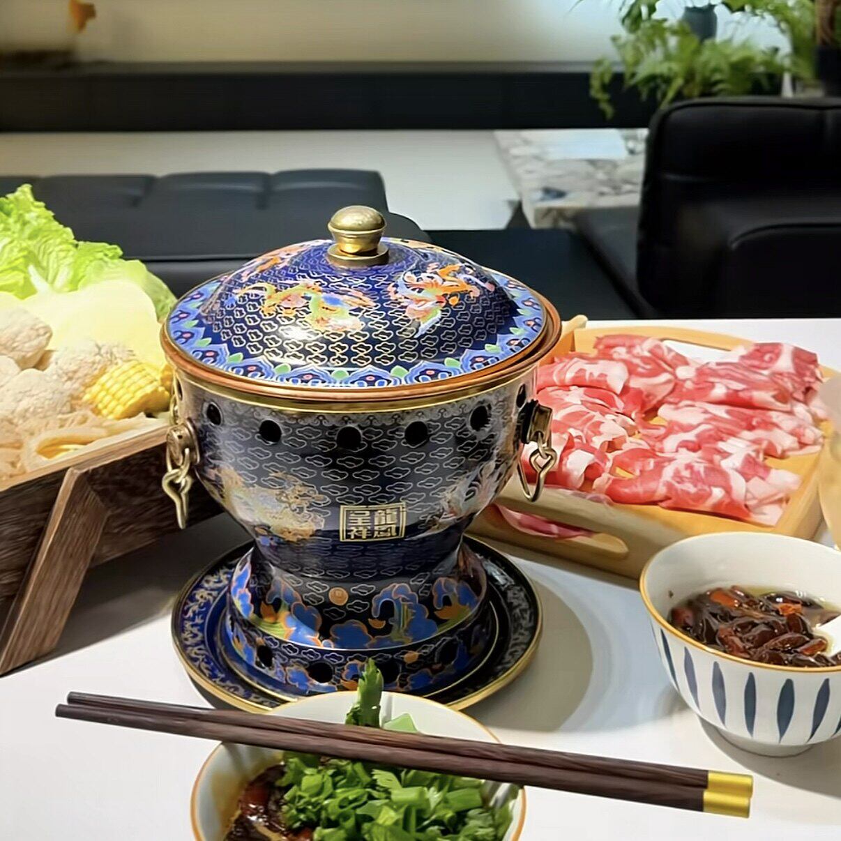 景泰蓝铜火锅老式商用一人酒精分餐紫铜小肥牛火锅珐琅彩燃油铜锅