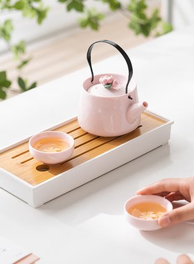 粉色捏花功夫茶具套装家用陶瓷一壶两杯提梁侧把茶壶茶杯女生喝茶