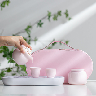 粉色捏花旅行茶具户外便携快客杯一壶两杯随身包功夫茶壶茶杯套装