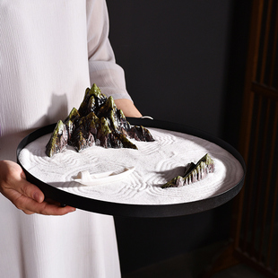 饰品 中式 禅意圆形沙盘枯山水造景摆件创意圆桌茶室桌面陶瓷软装
