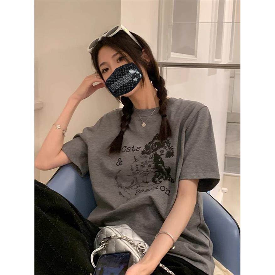 2025春夏新款纯棉短袖T恤女慵懒风宽松圆领内搭外穿美式印花上衣