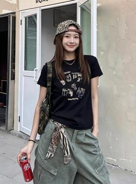 黑色圆领正肩纯棉短袖女t恤夏季新款复古潮牌设计休闲百搭上衣女