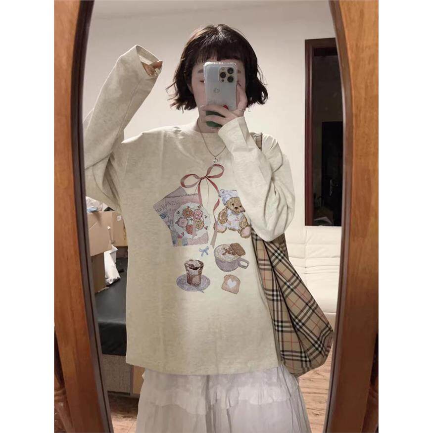 纯棉美式复古卡通正肩长袖t恤女2026新款春秋宽松休闲慵懒打底衫