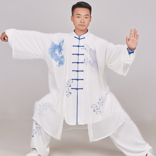 新款透气薄款长袖太极服武术练功比赛表演男女白色春夏飘逸团队服