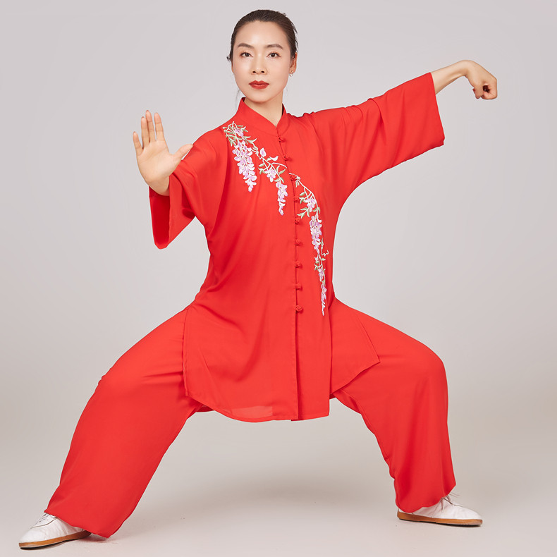 夏季新款太极服刺绣练功晨练武术比赛女套装中老年演出飘逸
