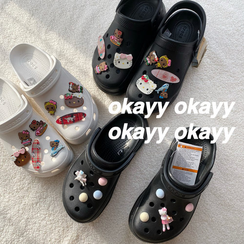 crocs洞洞鞋鞋扣可爱黑皮kitty