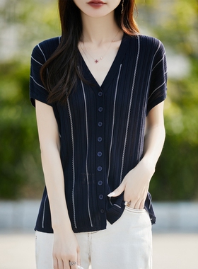 女士竖条纹V领天丝桑蚕丝开衫落肩短袖清凉顺滑视觉显高休闲减龄