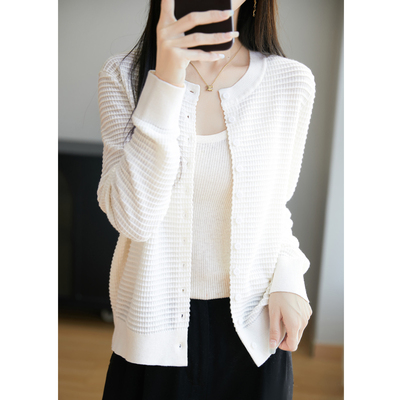 女士圆领开衫桑蚕丝羊毛混纺上衣