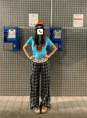 LDAB黑白格子拼接休闲裤女2025春夏季新款美式休闲宽松百搭阔腿裤