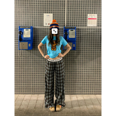 LDAB黑白格子拼接休闲裤女2025春