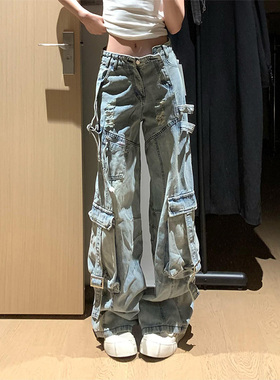 LDAB浅蓝色工装牛仔裤女2025春夏季新款美式复古多口袋重工阔腿裤