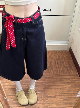 LDAB深蓝色七分牛仔裤女2025春夏新款美式复古短款百搭宽松阔腿裤