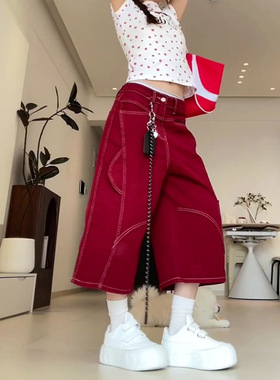 LDAB红色阔腿七分牛仔裤女2025春夏季新款美式线条设计感小众短裤