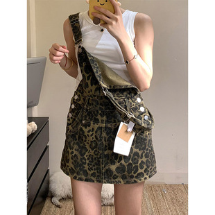 LDAB黑色豹纹短款牛仔裙2025夏季新款美式复古小个子连体衣套装